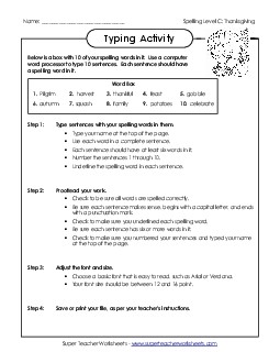 Typing Sentences (C-Thanksgiving)  Spelling C Worksheet