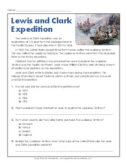 Lewis and Clark Expedition (Short Article) 4th Grade Reading Comprehension Reading Comp Short Worksheet