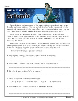 Greek Gods Series: Artemis Reading Comprehension Reading Comp Short Worksheet