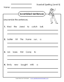 Scrambled Sentences (B-Baseball)  Spelling B Worksheet