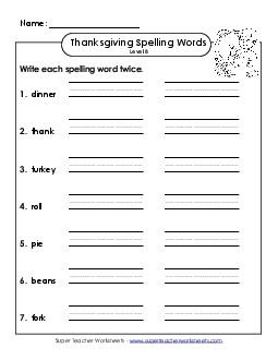 Write Twice (B-Thanksgiving)  Spelling B Worksheet