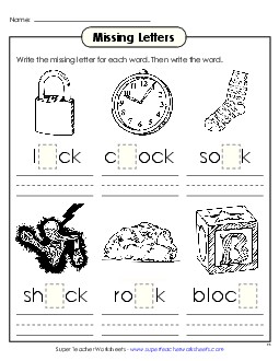 Missing Letters (-ock) Word Families Worksheet