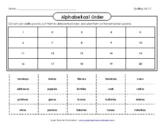 ABC Order: Cut & Paste (E-7) Spelling E Worksheet