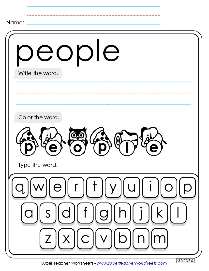 Write, Color, Type: People Sight Words Individual Worksheet