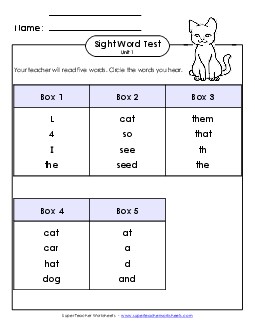 Whole Class Test (Unit 1) Free Sight Words Worksheet