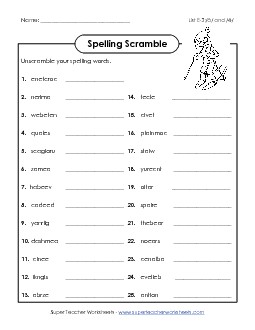 Word Scramble (E-3) Spelling E Worksheet