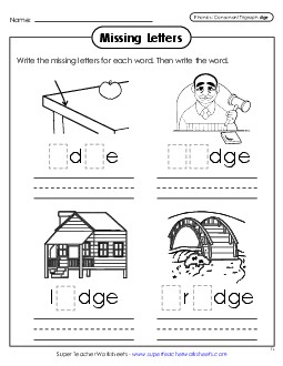 New Missing Letters (-dge Words) Worksheet