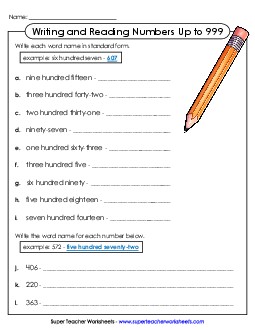 Writing and Reading Numbers to 999 2nd Grade Math Worksheet