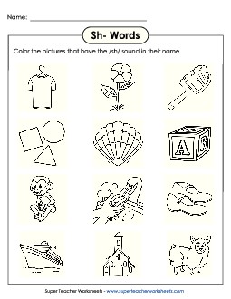 Color SH Pictures Phonics Digraphs Worksheet