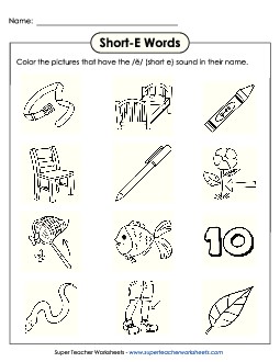 Color Short E Pictures Phonics Long Short E Worksheet