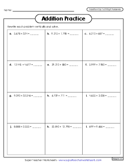 Addition Boxes (5-Digit Addends) Worksheet