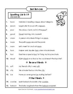 Spelling Test Sentences (B-19) Spelling B Worksheet