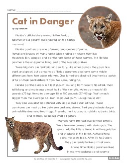 Cat in Danger (Nonfiction) 5th Grade Reading Comprehension 5th Grade ELA Worksheet