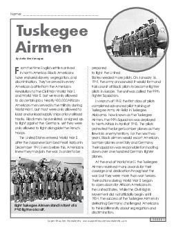 Tuskegee Airmen 7th Grade Reading Comprehension Worksheet