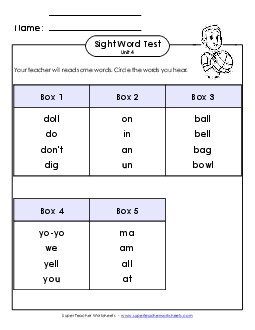 Whole Class Test (Unit 4) Sight Words Worksheet