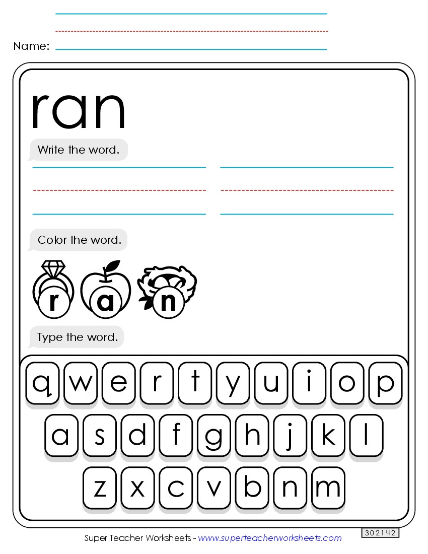 Write, Color, Type: Ran Sight Words Individual Worksheet