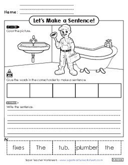 Build a Sentence: Plumber Community Helpers Worksheet