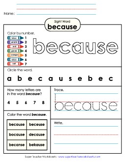 Because (Sight Word) Sight Words Individual Worksheet