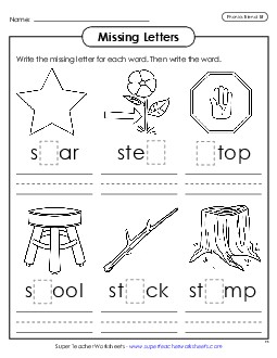 Missing Letters (St- Words) Phonics Blends Worksheet