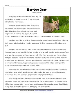 Barking Deer 4th Grade Reading Comprehension Worksheet