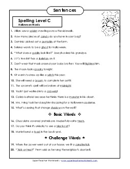 Spelling Test Sentences (C-Halloween)  Spelling C Worksheet