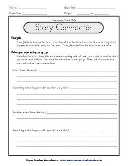 Literature Circles : Story Connector Reading Worksheet