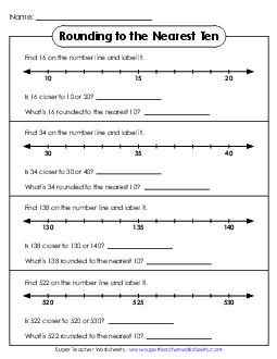 Rounding to the Nearest Ten Number Line (2 & 3 Digits) Worksheet