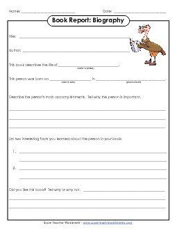 Book Report Form: Biography Reading Worksheet