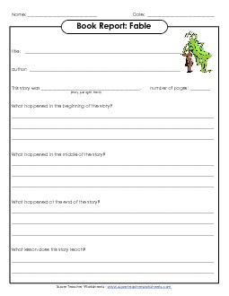 Book Report Form: Fable Reading Worksheet