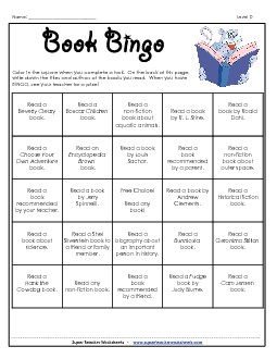 Book Bingo: 4th and 5th Grades Reading Worksheet