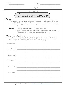 Literature Circles : Discussion Leader Free Reading Worksheet