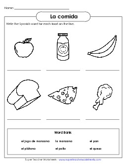 Write the Word: Food 1 Spanish Worksheet