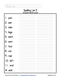 List 2: Word List Free Spelling Worksheet