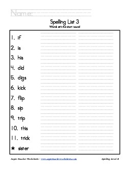 List 3: Word List Spelling Worksheet