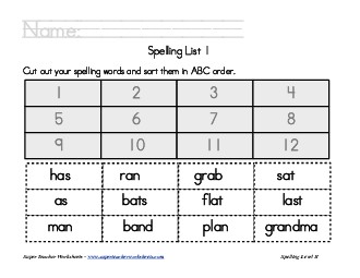 List 1:  ABC Order Free Spelling Worksheet