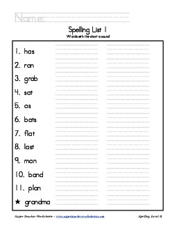 List 1: Word List Free Spelling Worksheet