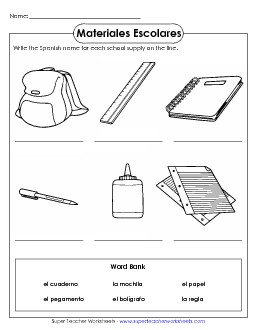 Write the Word: School Supplies #2 Spanish Worksheet