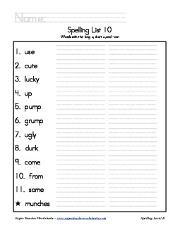 List 10: Word List Spelling Worksheet