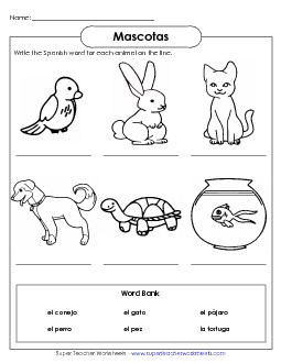 Write the Word: Pets Spanish Worksheet