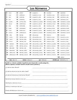 Numbers (0-100) Free Spanish Worksheet