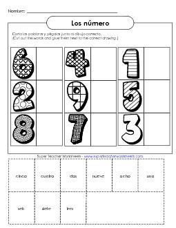 Cut-and-Glue: Numbers (1-9) Spanish Worksheet