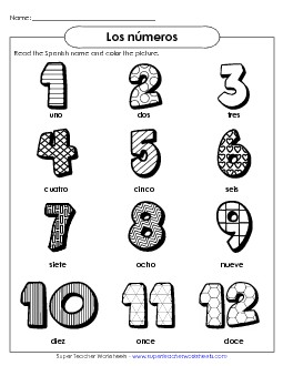 Number Pictures (1-12) Spanish Worksheet