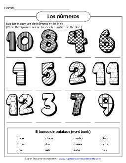 Write the Words: Numbers (1-12) Spanish Worksheet