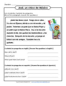 JosÃ©, Un Chico de MÃ©xico Spanish Worksheet