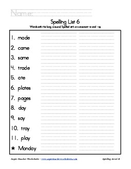 List 6: Word List Spelling Worksheet