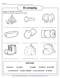 Write the Words: Camping Spanish Worksheet