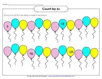 Balloons - Count By 6s Counting Worksheet