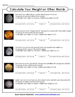 Calculate Your Weight on Other Planets Space Worksheet