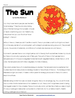 Sun Article & Questions Space Worksheet