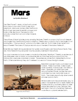 Mars Article & Questions Space Worksheet